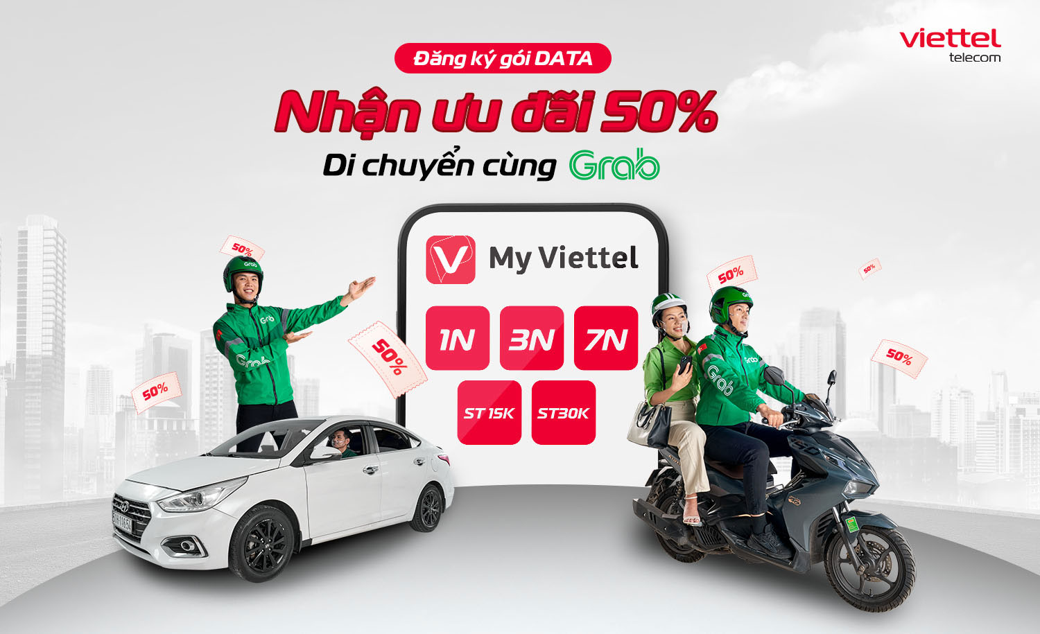 Mua gói DATA nhận ưu đãi 50% di chuyển cùng Grab